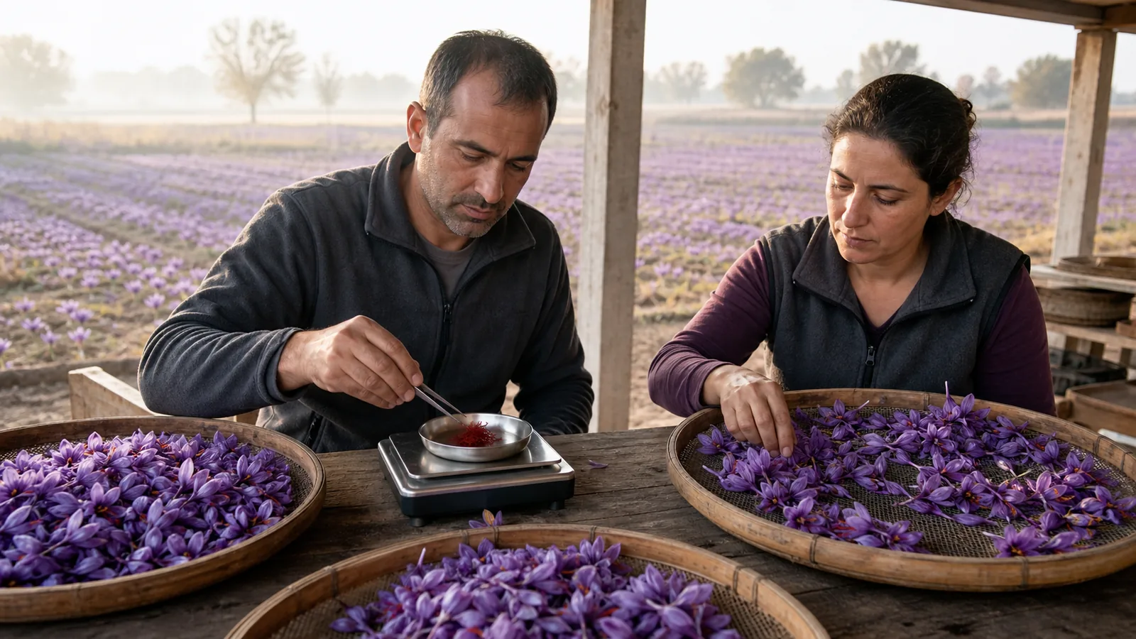 Grower weighs dried saffron beside trays of freshly harvested saffron flowers
