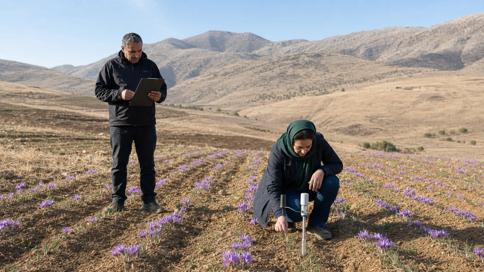 Agronomists review flowering saffron rows in Kermanshah upland farmland