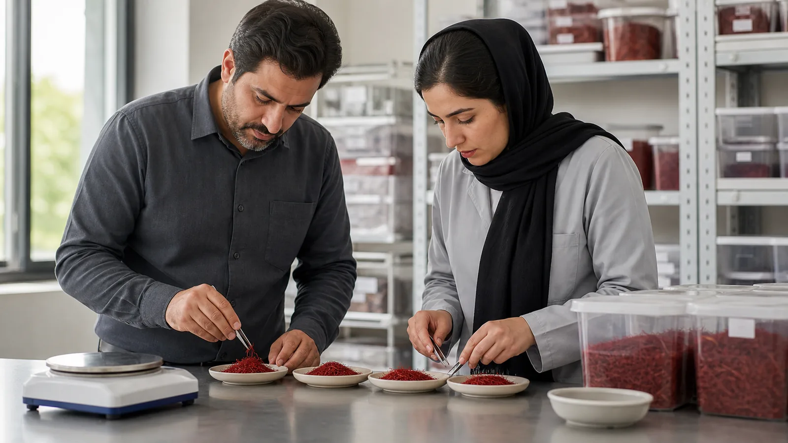 Saffron market professionals compare dried saffron lots before pricing