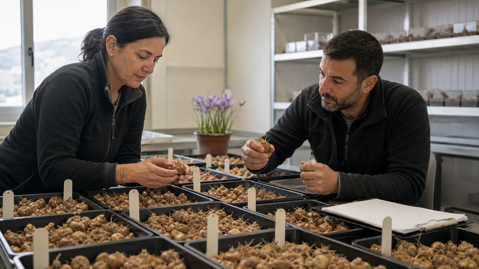 Plant specialists inspect separately stored saffron corm accessions
