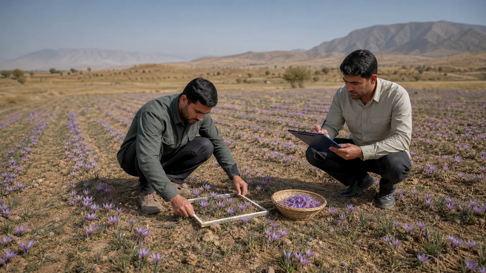 Agricultural specialists measure a sample plot in a flowering saffron field