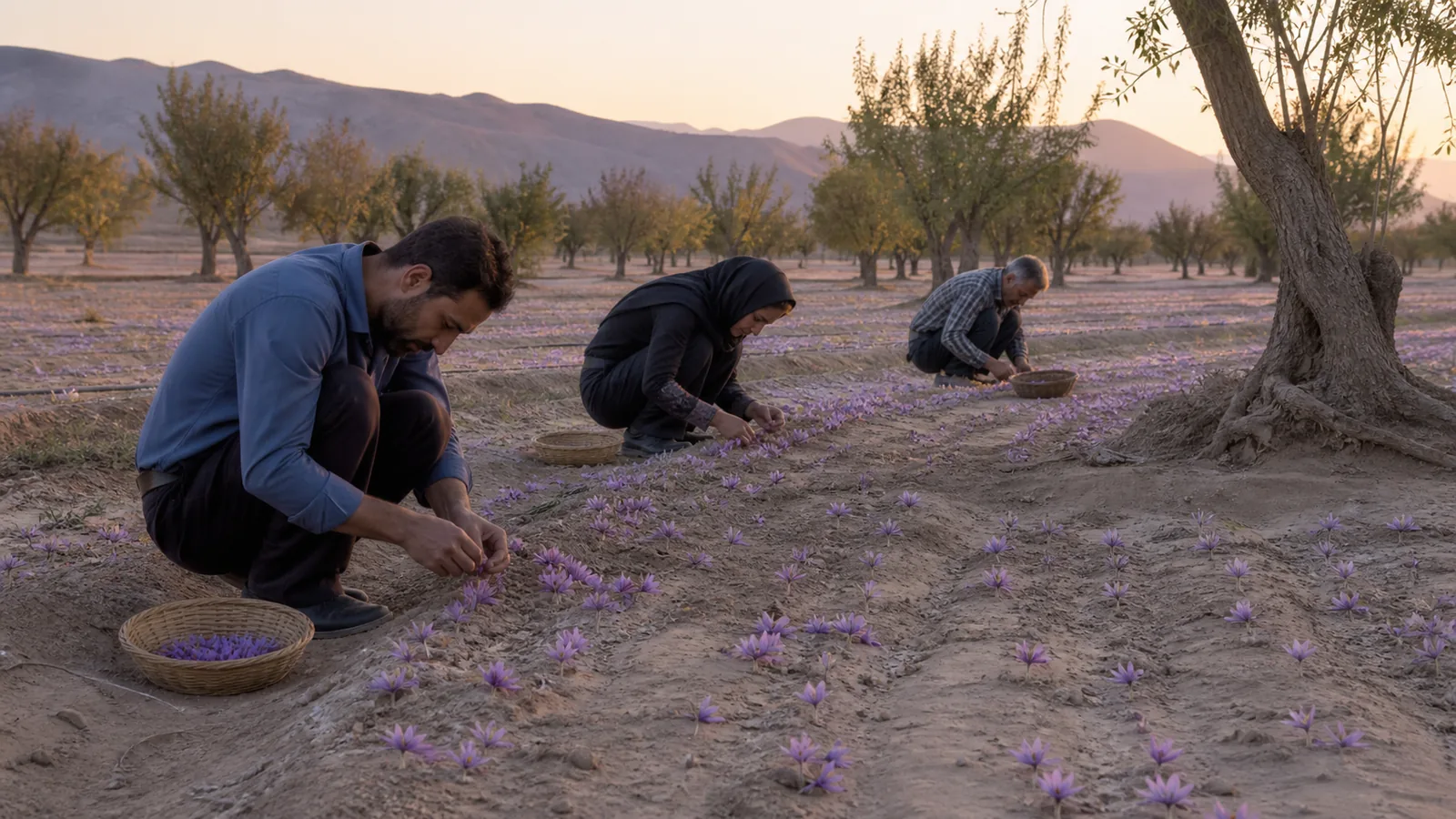Workers harvest saffron flowers between orchard trees on a farm in Sirjan