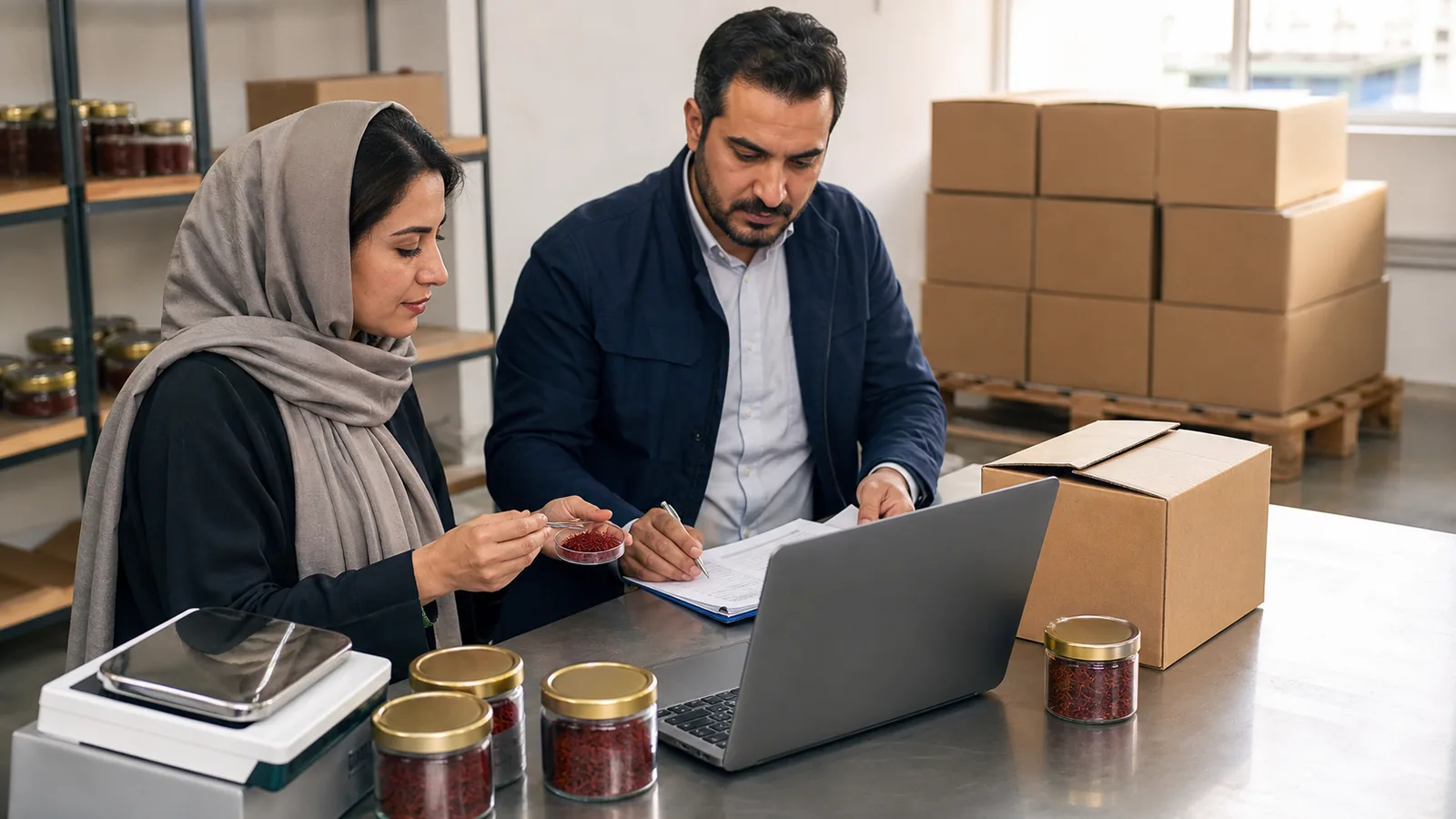 Saffron exporters review product samples and shipment documents before dispatch