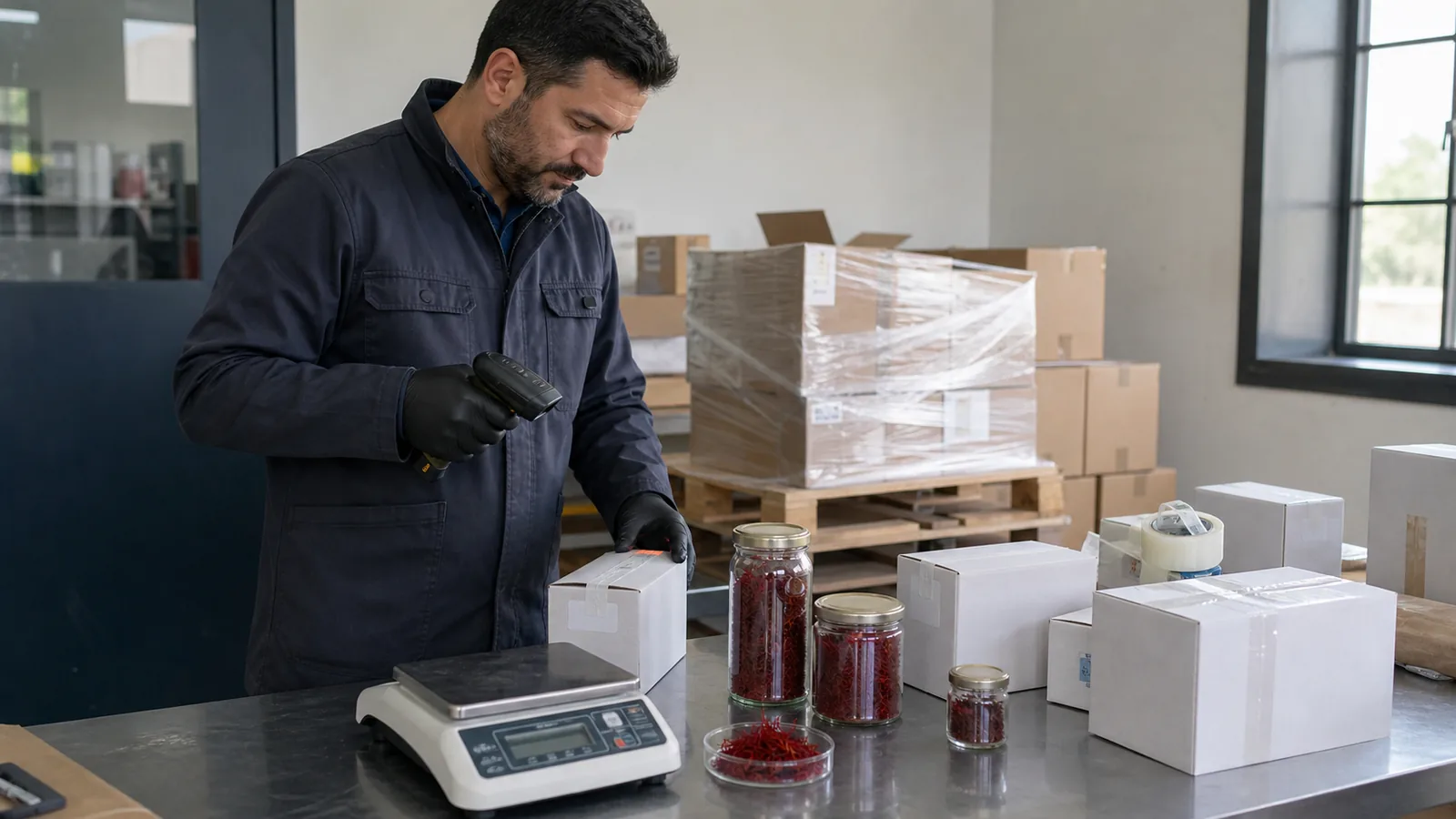 Warehouse worker checks sealed saffron packages before export dispatch