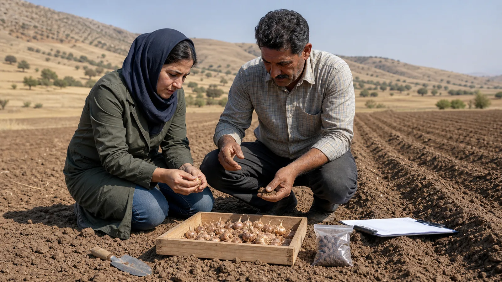 Agricultural adviser and saffron farmer inspect corms before planting in Kermanshah