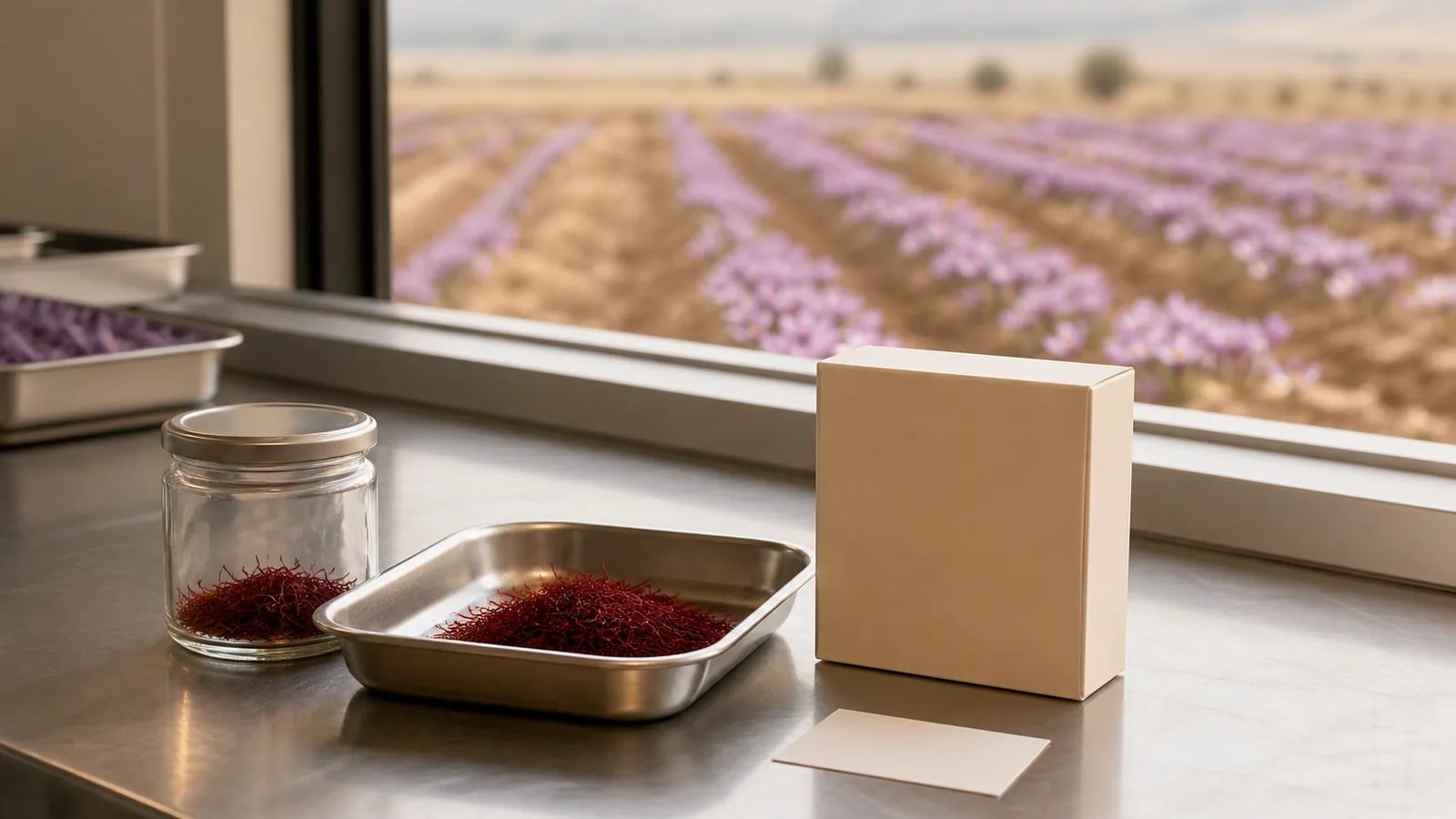 Iranian saffron threads checked beside plain export packaging and a field
