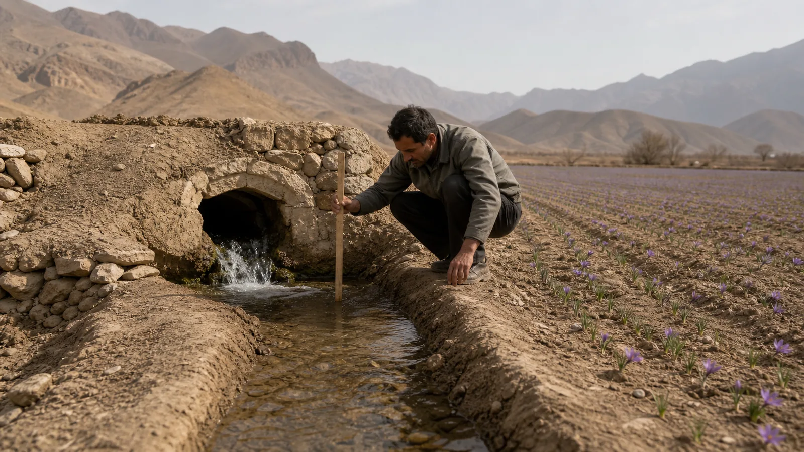 Irrigation worker checks qanat water entering dry saffron rows near Bardaskan