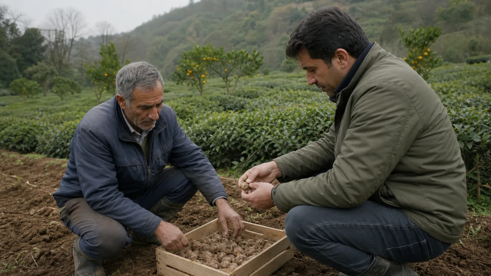Grower and adviser inspect saffron corms for a small planting plot in Amlash