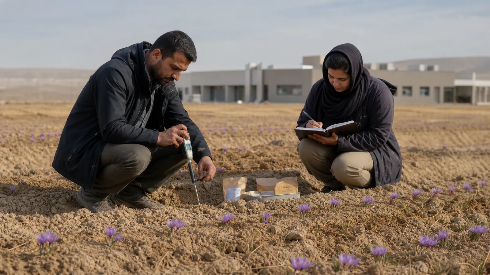 Researchers record measurements in a saffron field trial in Khorasan Razavi