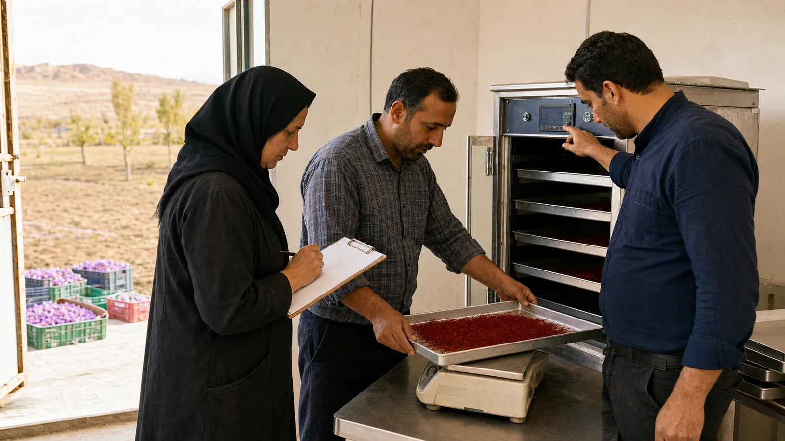 Quality adviser and local operators inspect a saffron drying batch in Gonabad