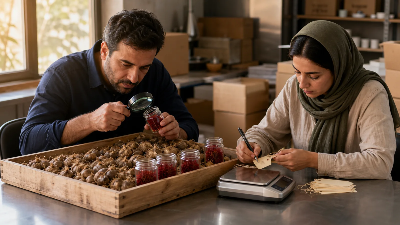 Trade specialists inspect Iranian saffron corms and packaged threads for traceability
