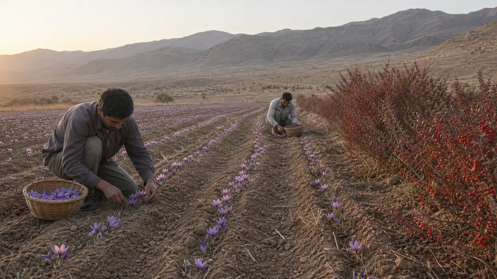 Farmers harvest saffron beside barberry shrubs in the red desert landscape of Zarand