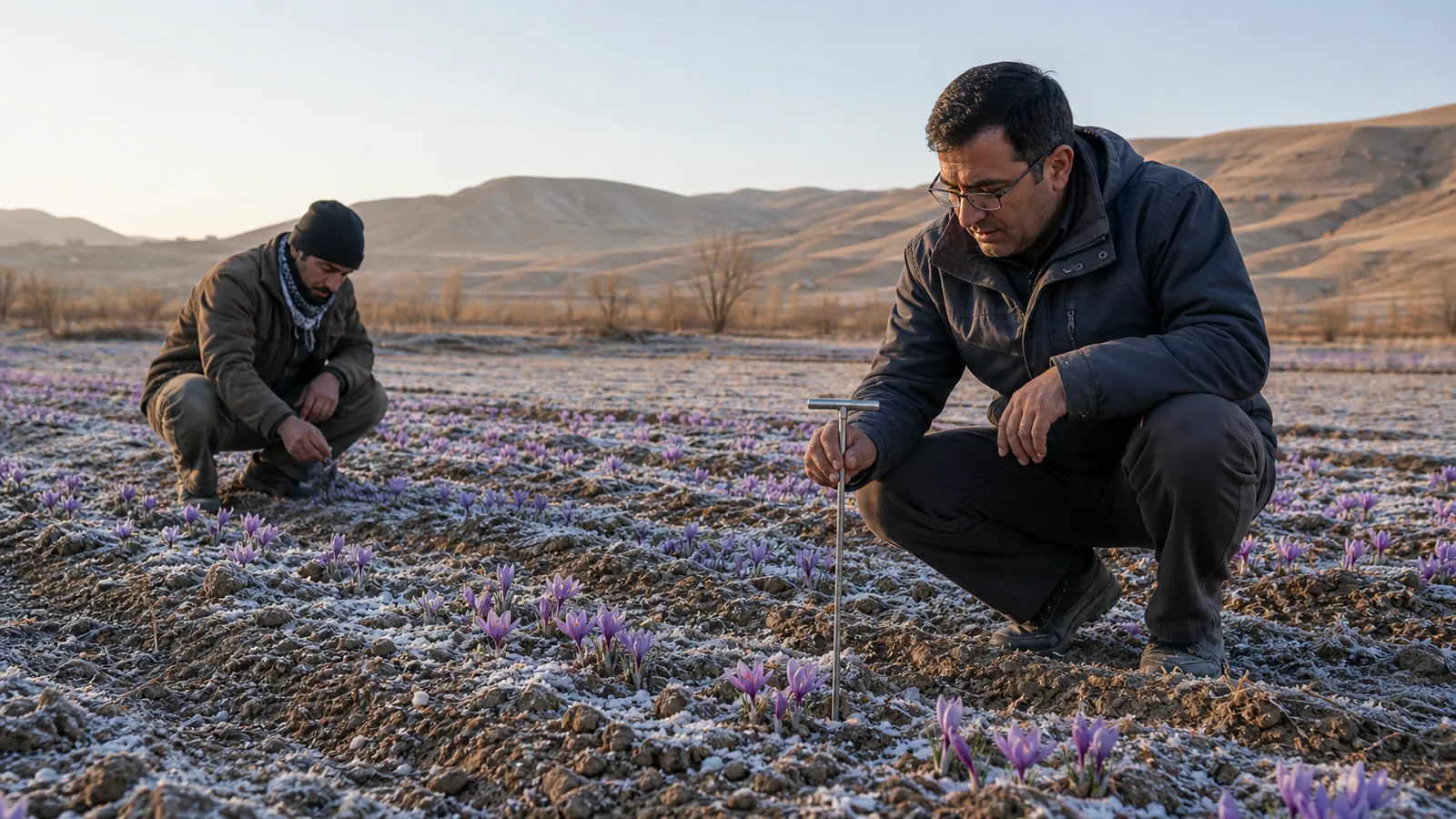 Farmer and agronomist inspect frost-affected saffron flowers in Khorasan Razavi