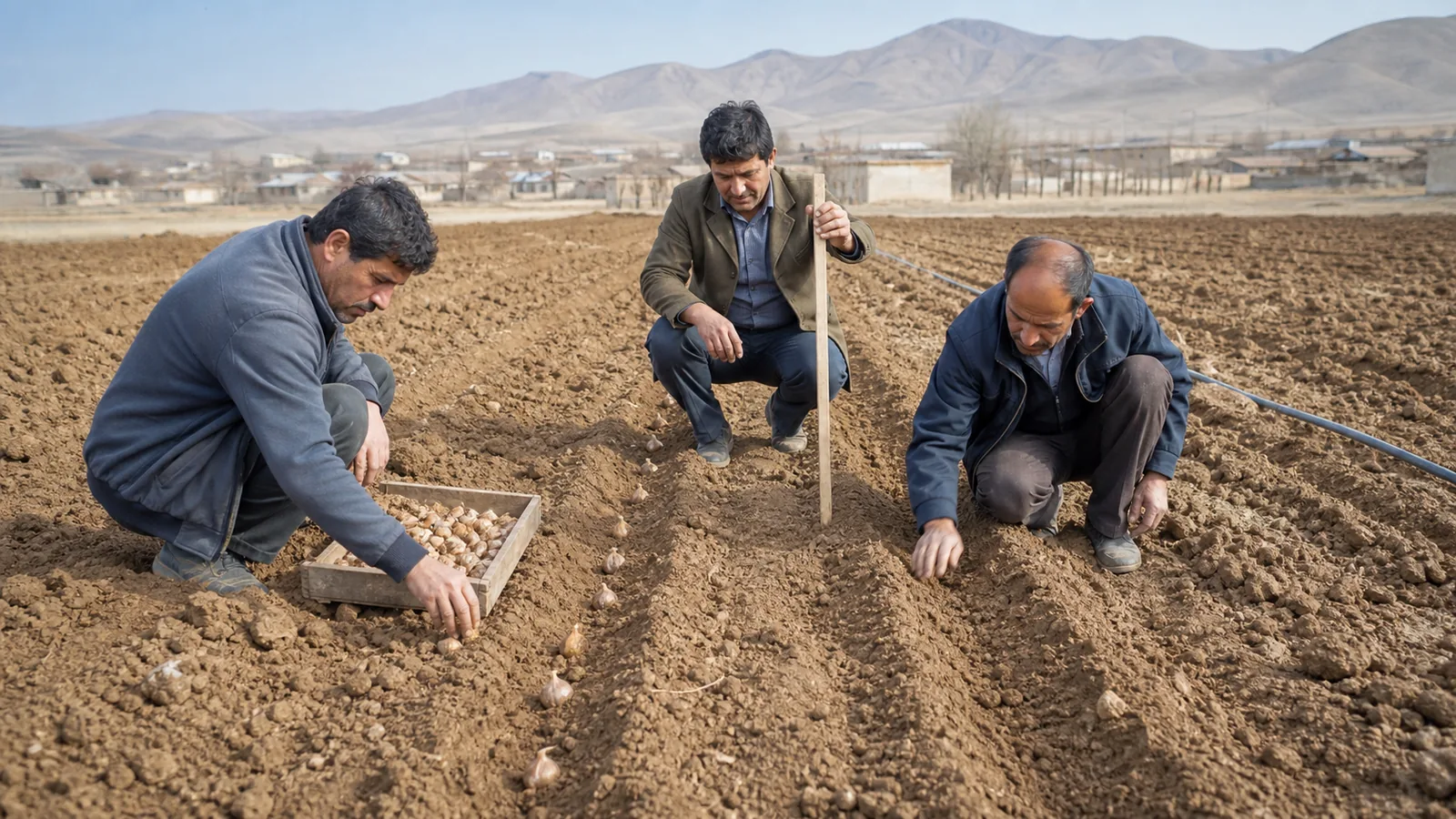 Farmers plant saffron corms in a water-limited demonstration field near Arak