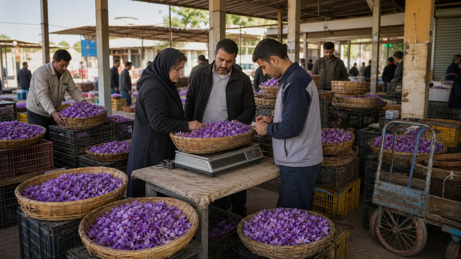 Growers and buyers weigh fresh saffron flowers at a seasonal market in Rashtkhar