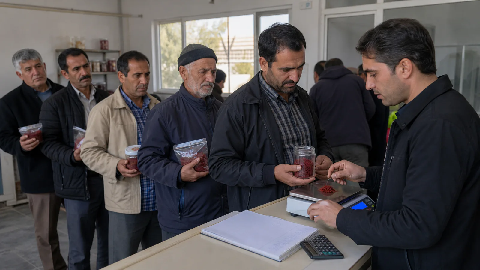 Rashtkhar saffron growers wait while a buyer weighs a dried saffron sample