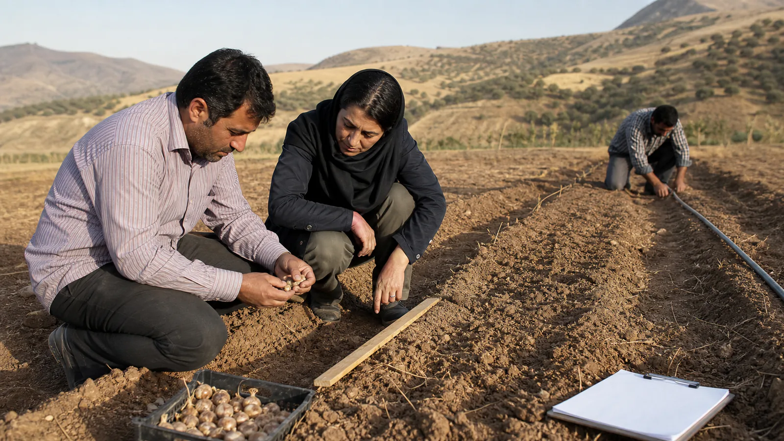 Kermanshah grower and horticultural adviser inspect a newly planted saffron field