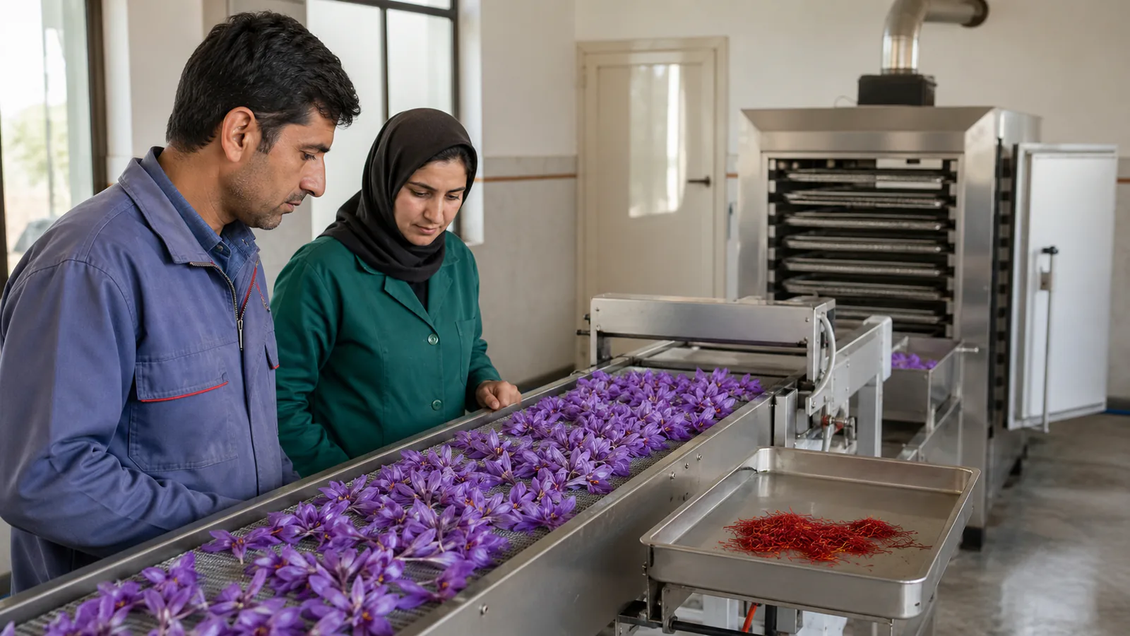 Technicians inspect saffron flowers on a mechanized separation and drying line