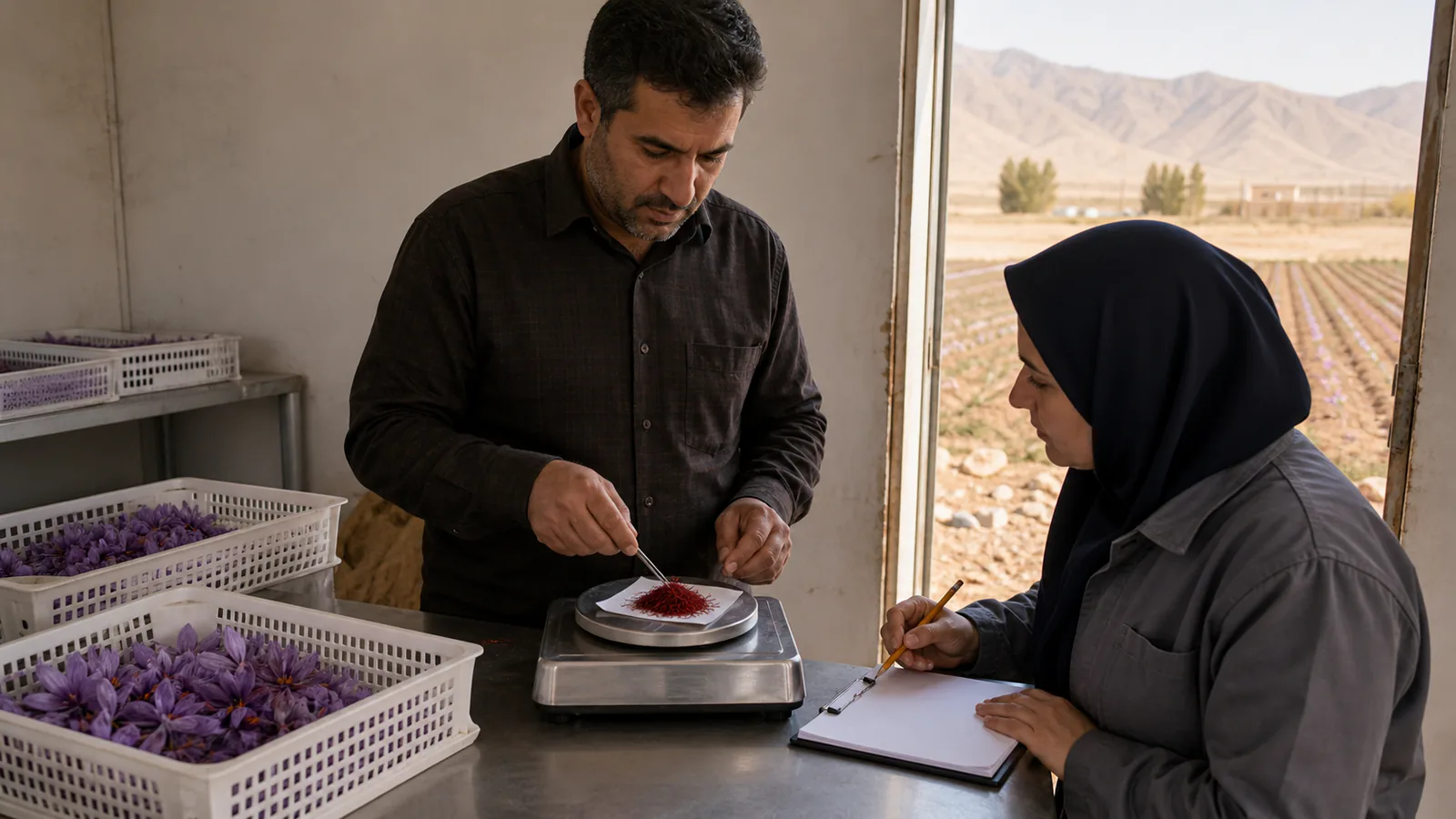 Qom grower and agronomist weigh dried saffron from a small provincial harvest