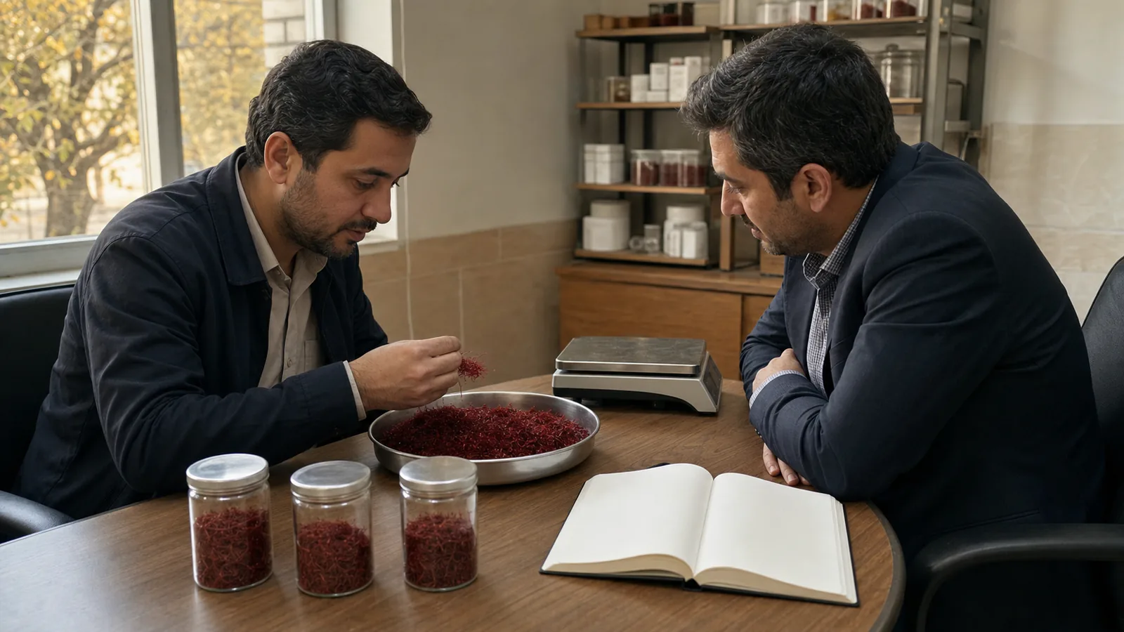 Grower and exporter review a saffron lot and price terms in a Mashhad wholesale office
