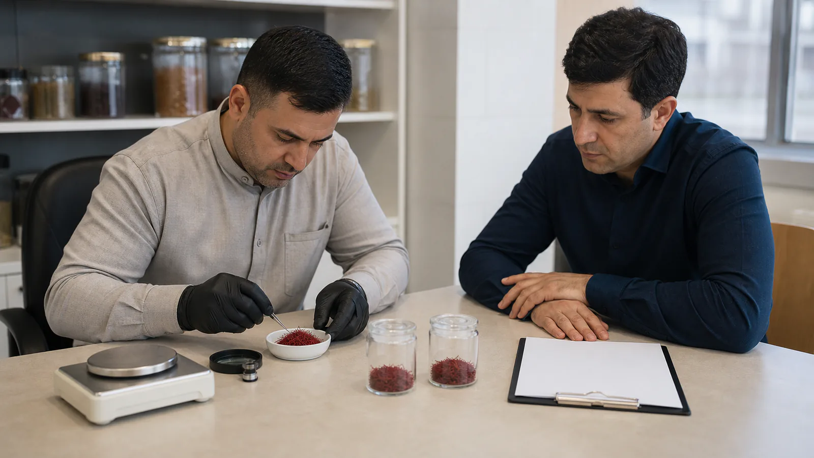 Saffron analyst checks a thread sample while a trade professional reviews the batch