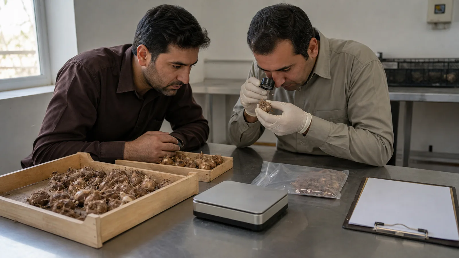 Plant health inspector examines saffron corms while a grower reviews the lot