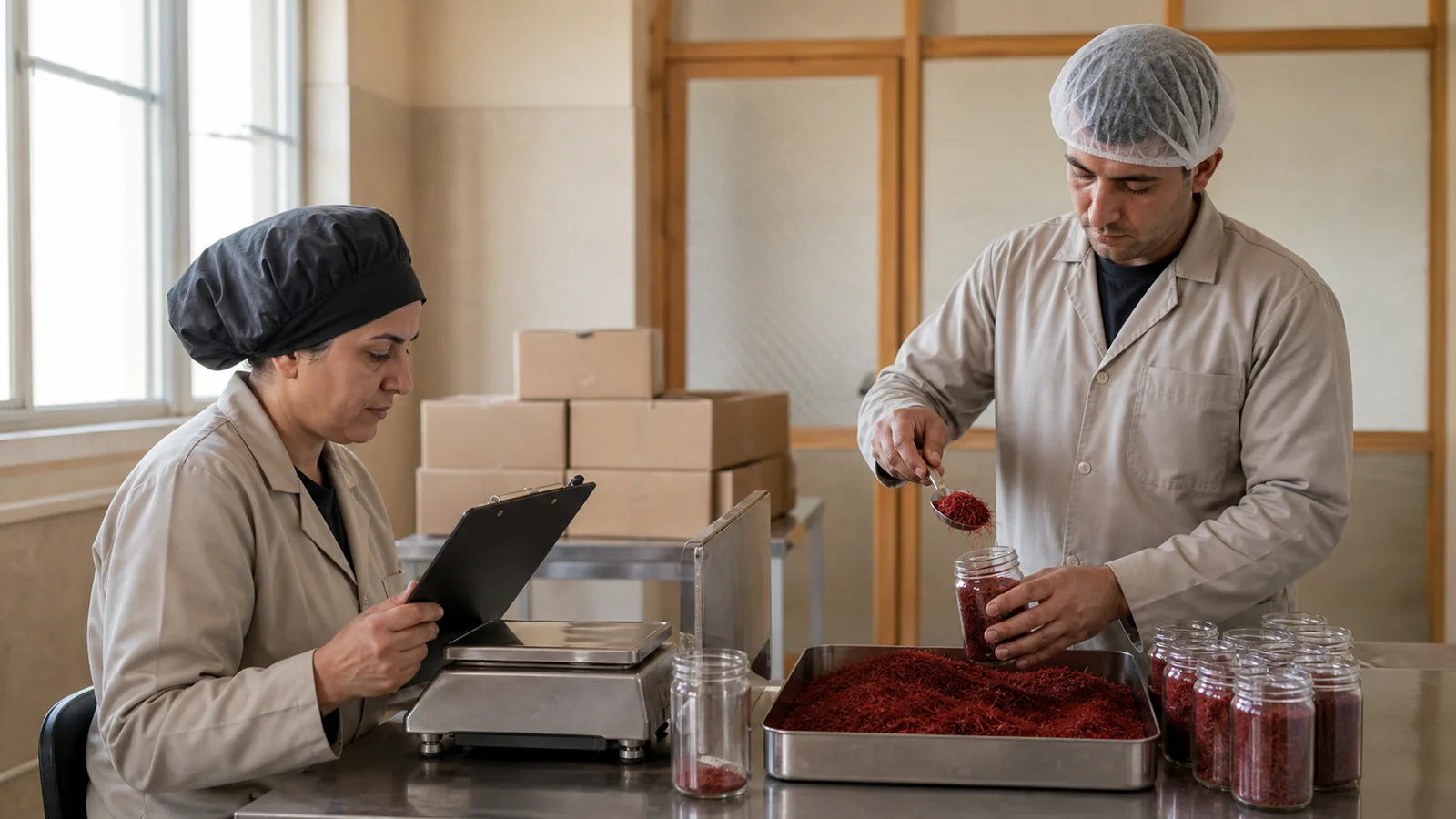 South Khorasan saffron workers weighing and packing a traceable batch