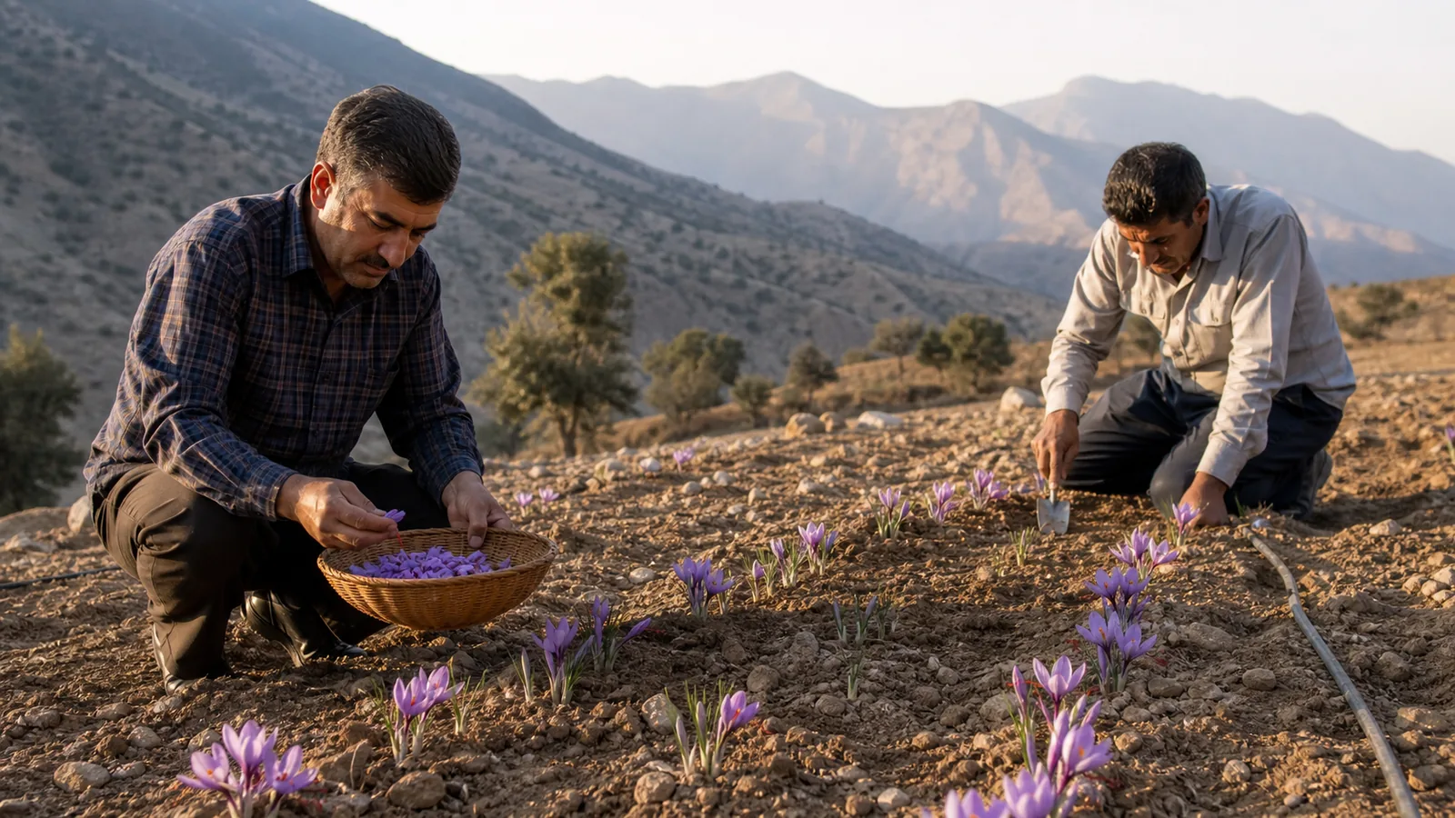 Two farmers tending a small saffron cultivation plot in upland Dehdez, Khuzestan