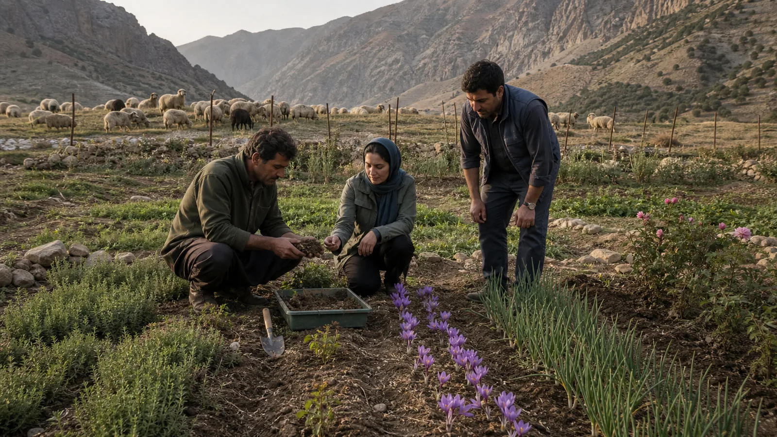 Tribal farmer and agricultural specialists examine a medicinal-plant pilot near Chelgerd