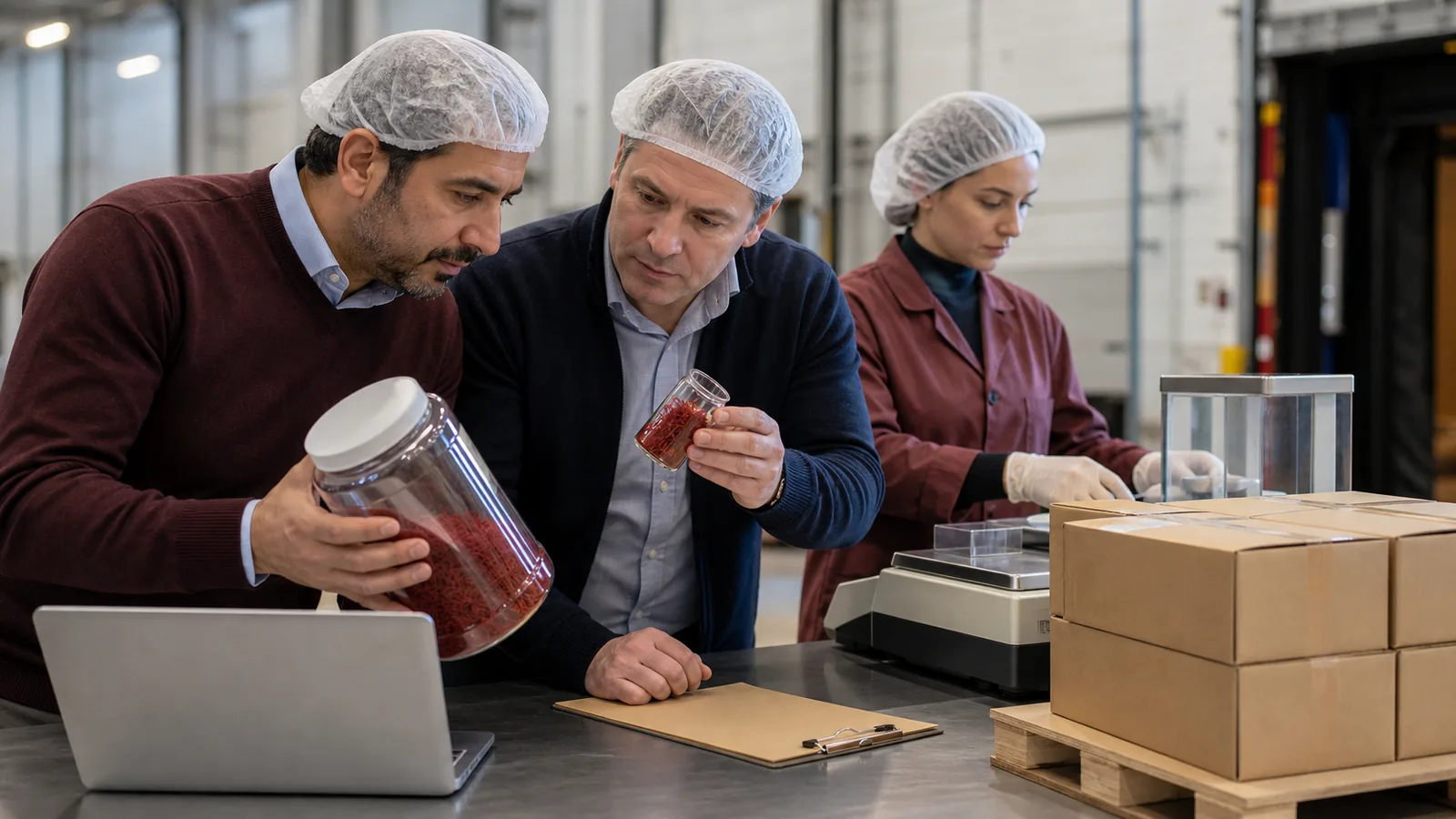 Saffron exporter, buyer and quality technician review a bulk lot and sample