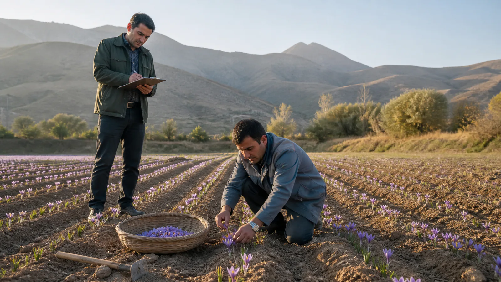 Farmer harvesting saffron while an agricultural specialist records field observations in Ardabil