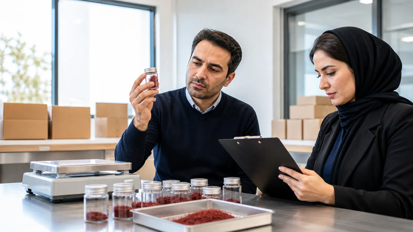 Saffron export professionals inspecting thread samples and recording quality observations