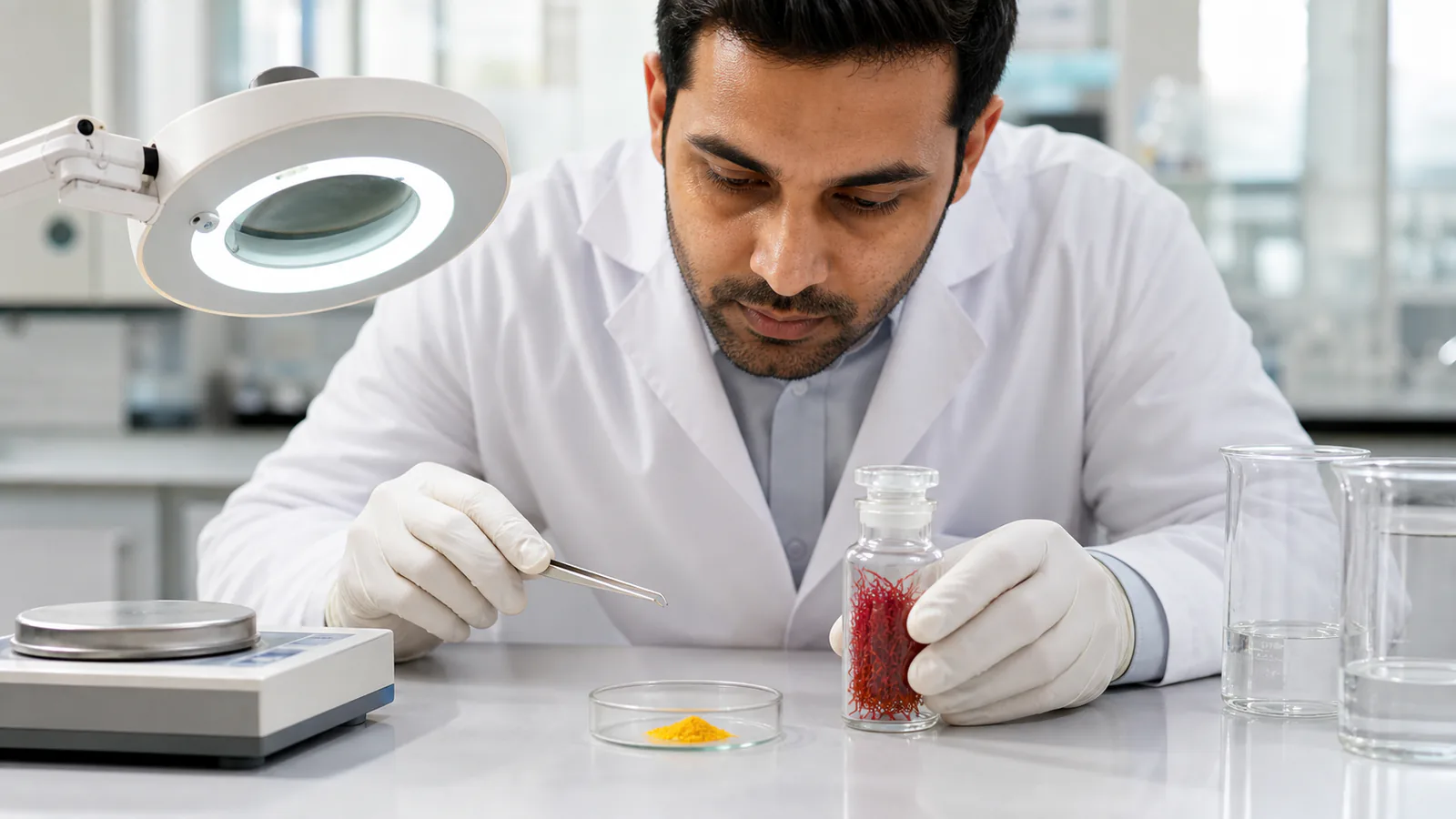 Food laboratory analyst comparing genuine saffron threads with an unidentified yellow color powder