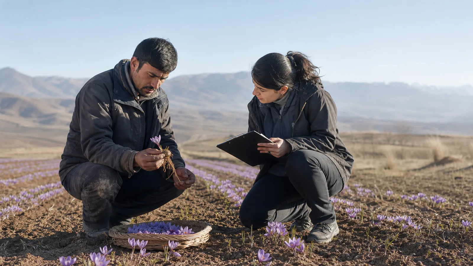 Zanjan saffron grower and agronomist inspecting a corm and flowers in a small field