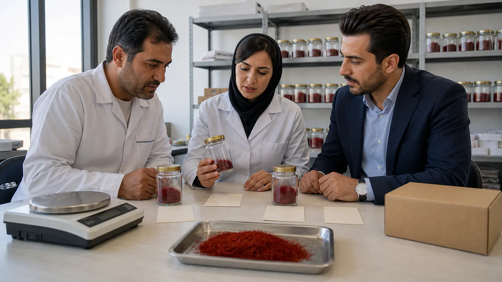 Saffron quality and export professionals comparing separate traceable lots before packing
