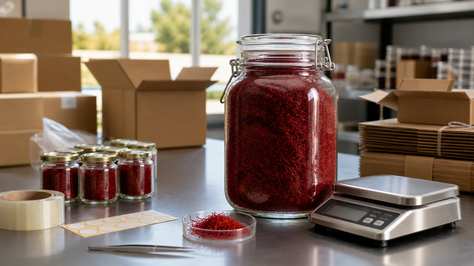 Bulk Iranian saffron in a sealed commercial jar beside retail jars and a packing scale