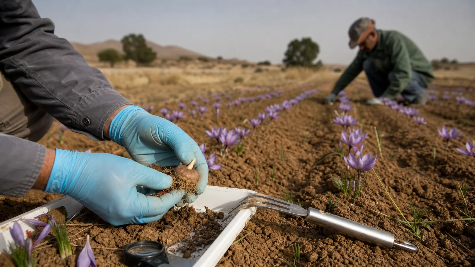 Agronomist inspects a saffron corm while a grower removes weeds by hand in a flowering field