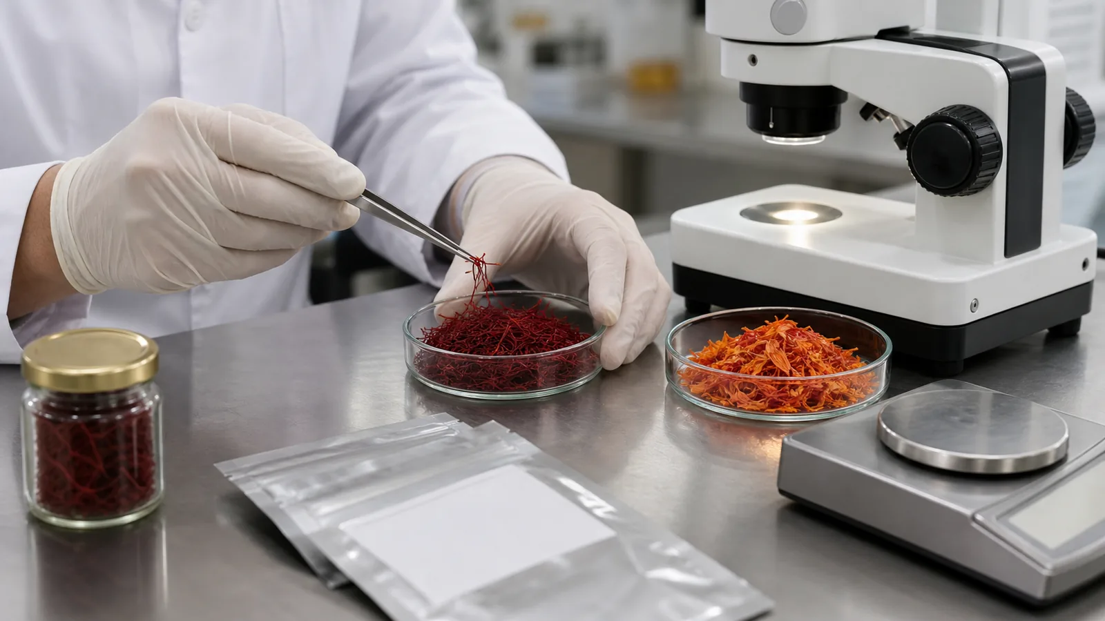 Laboratory technician compares genuine saffron threads with safflower during authenticity testing