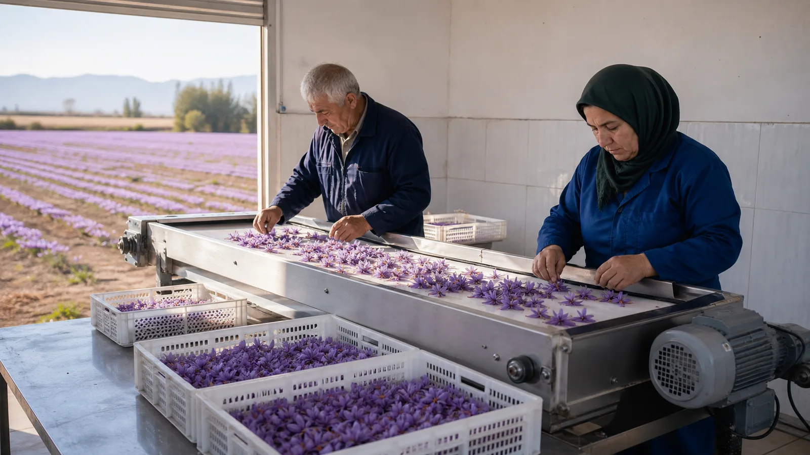 Workers sort saffron flowers on a mechanized processing line in Khorasan