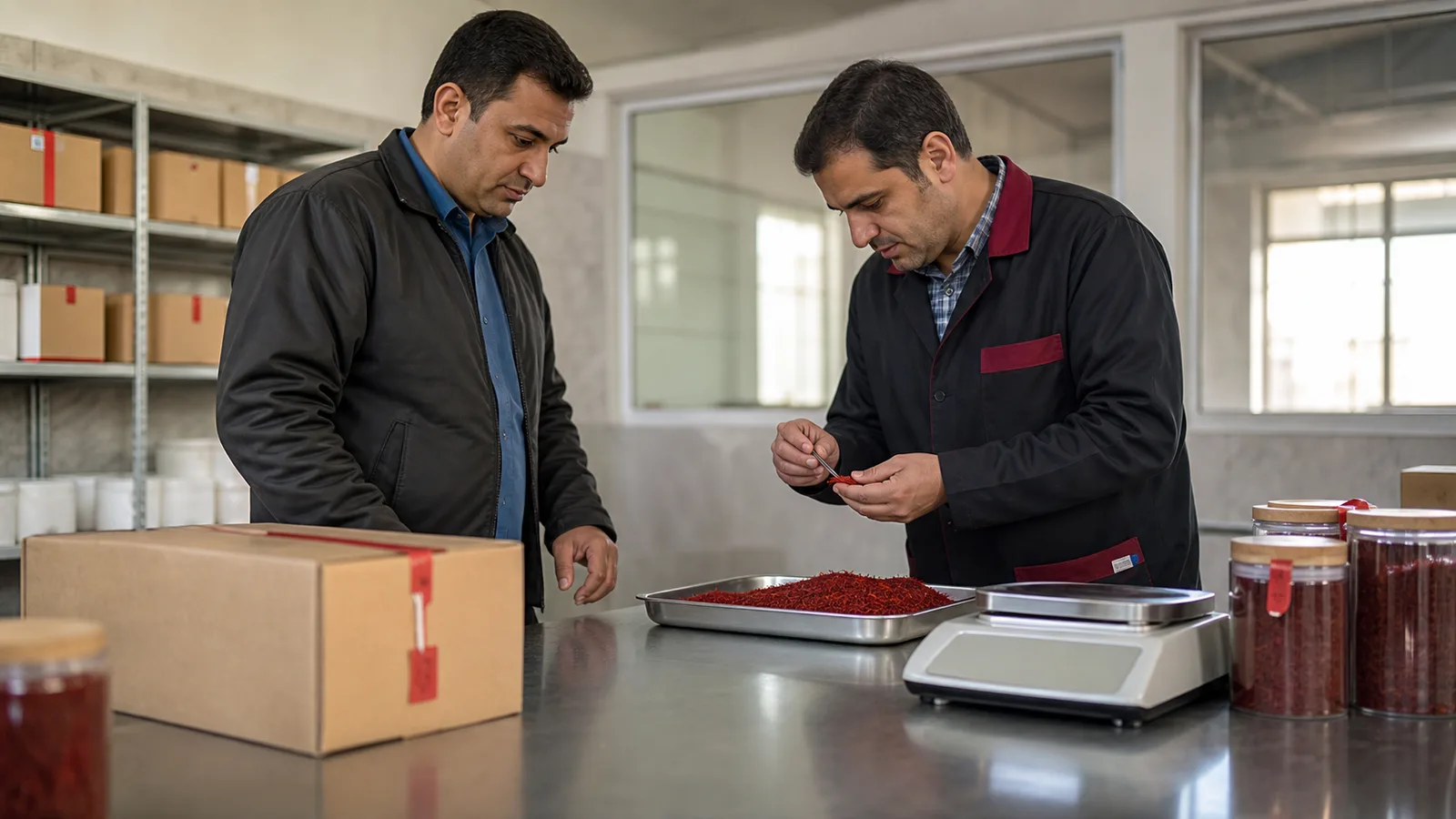 A producer and inspector examine a saffron lot before weighing and storage