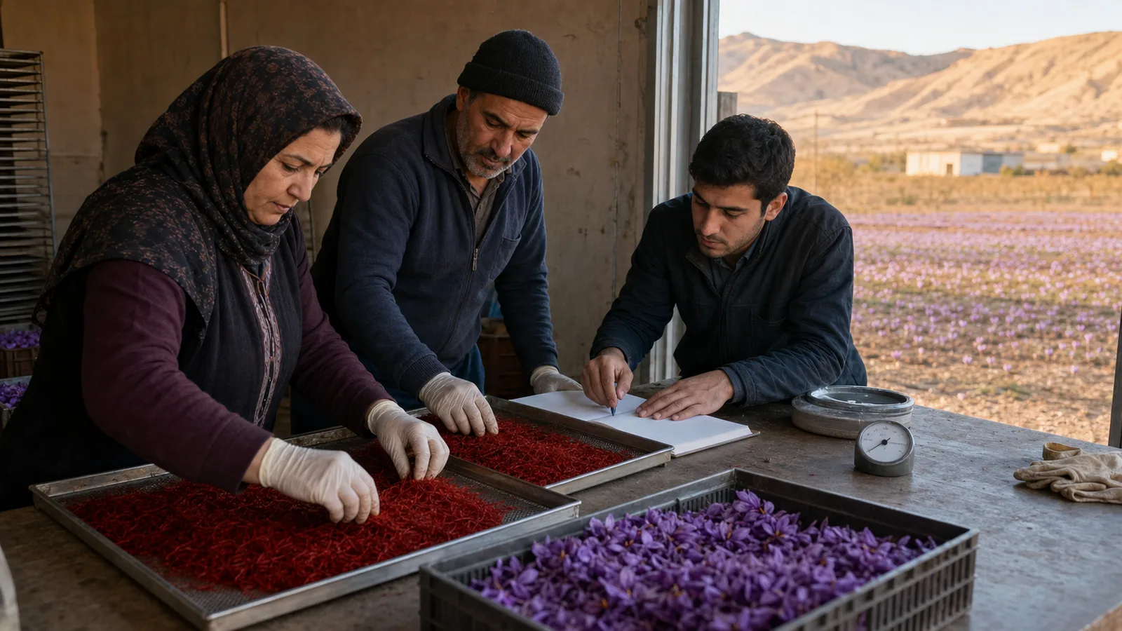 A saffron-growing family checks drying trays and harvest records in Khorasan