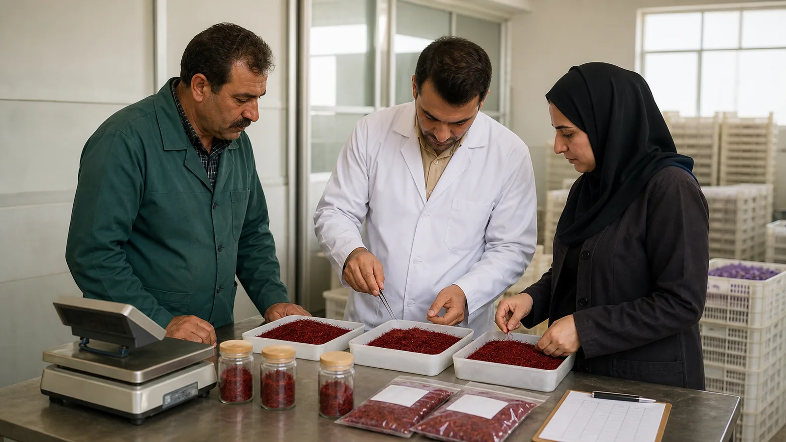 A farmer, buyer and quality inspector compare three saffron lots