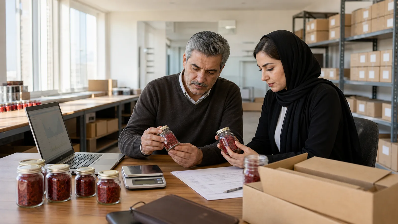 Two saffron exporters review jars and orders during a quiet market
