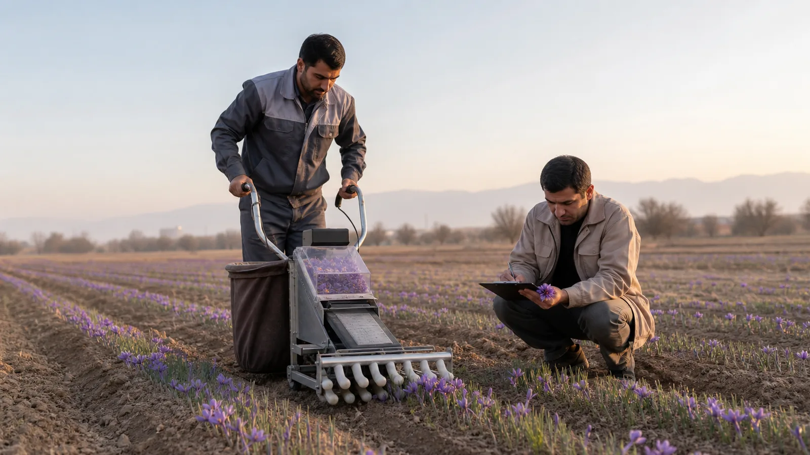 Two engineers test a portable saffron flower harvester in a field
