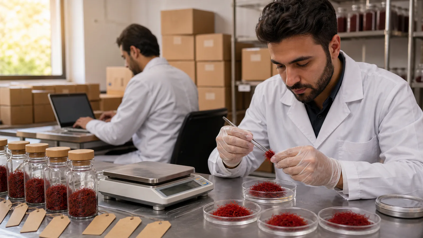 Inspector checks saffron lots for commodity exchange quality grading