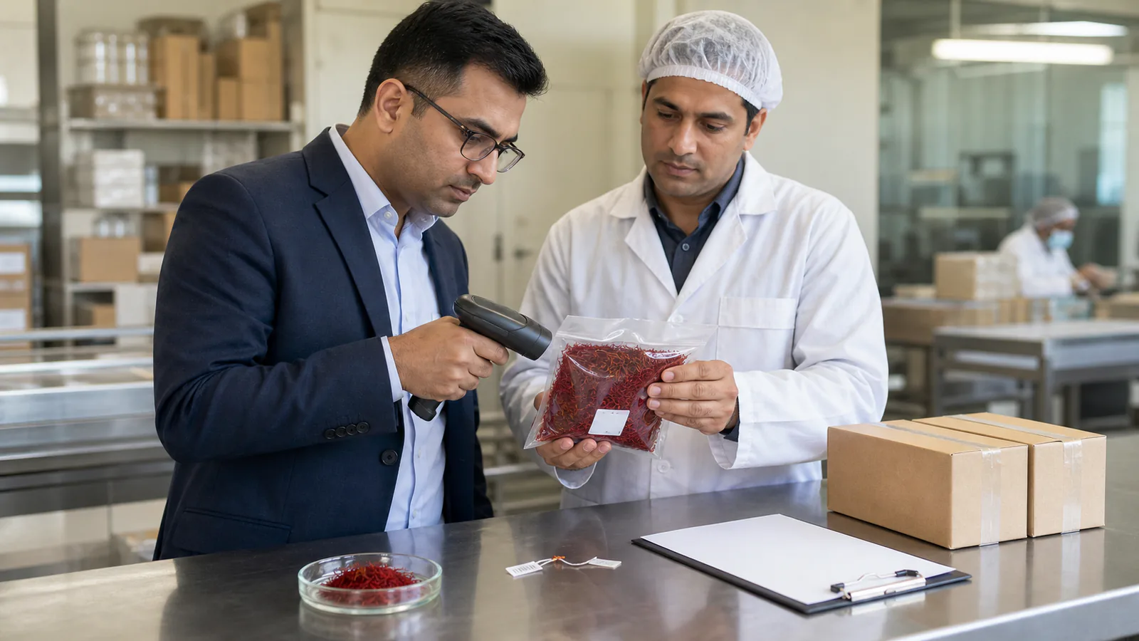 Buyer scans a sealed saffron lot with the packing supervisor