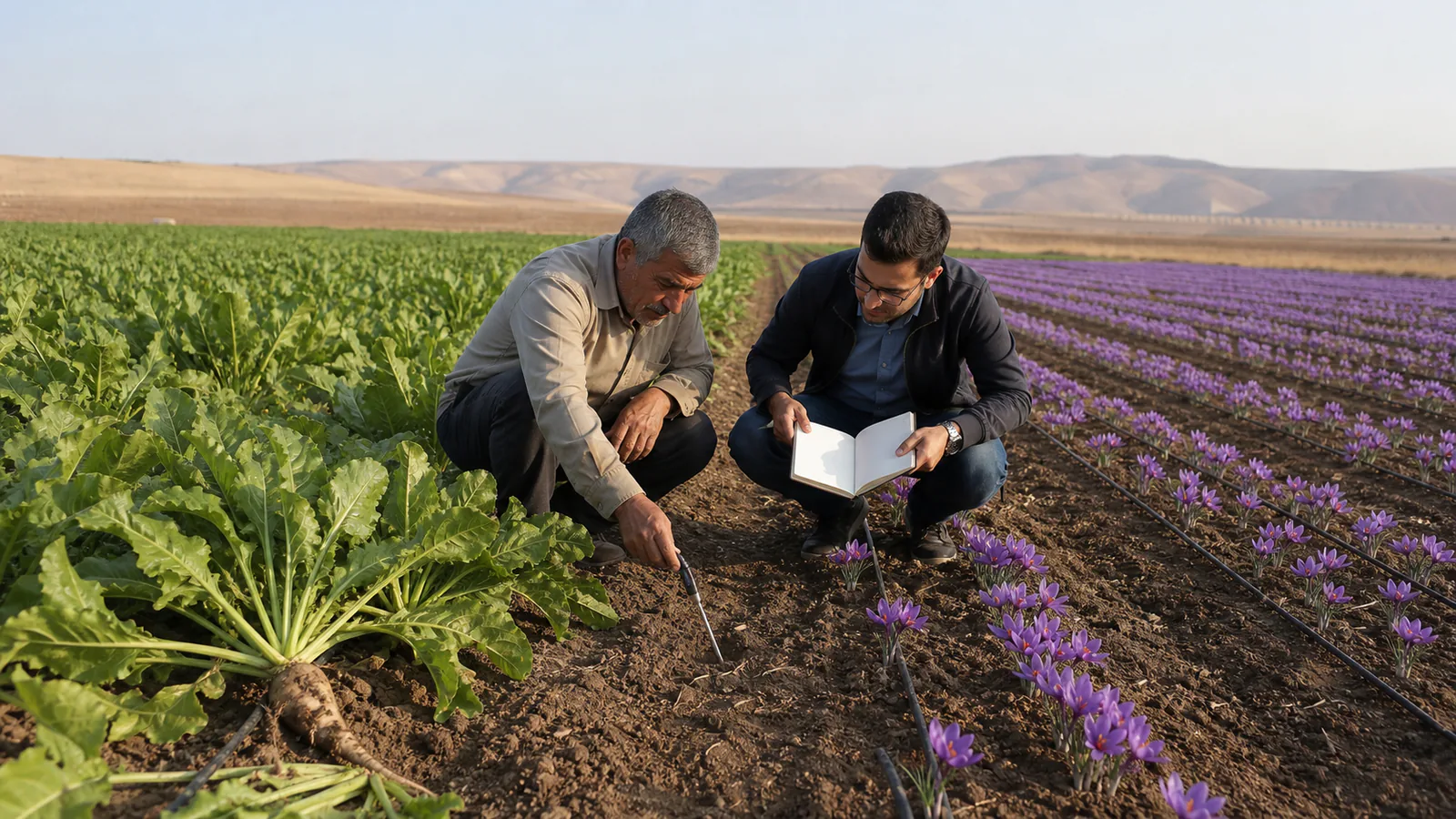 Farmer and agronomist compare saffron and sugar beet trial plots