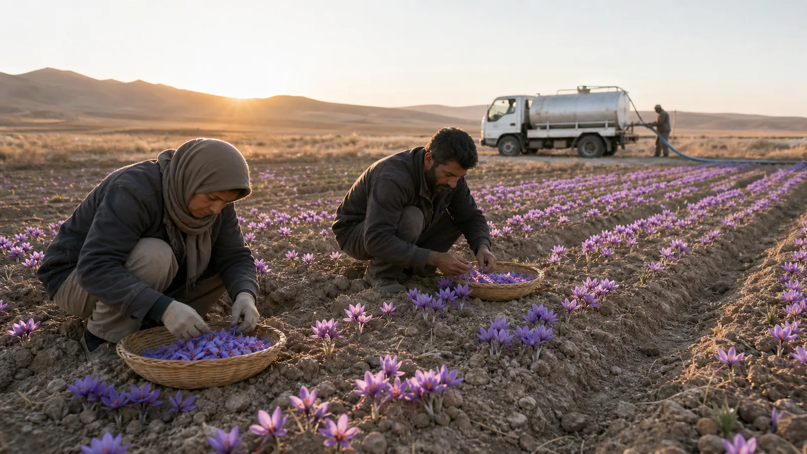 Saffron farmers harvesting flowers beside a water tanker in Torbat Heydarieh