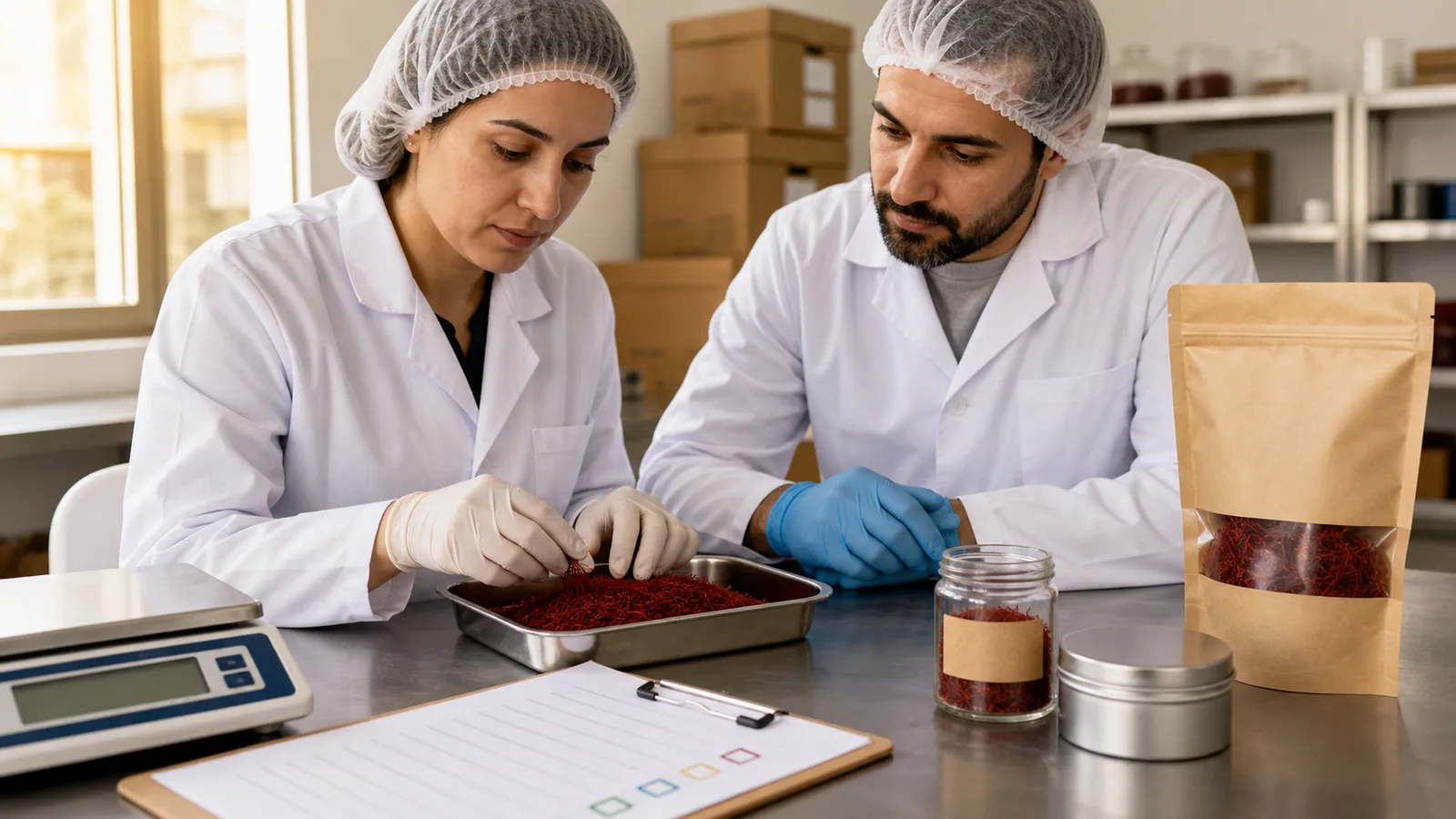 Quality team reviewing saffron filaments and unbranded packaging formats