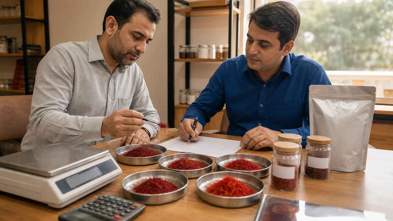Two buyers comparing saffron lots before agreeing a price per kilogram